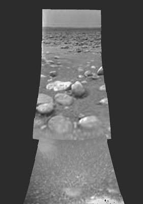 Images from the DISR Side-Looking Imager and from the Medium Resolution Imager, acquired after landing, were merged to produce t