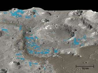In this HRSC 3D perspective view of the Marwth Vallis area (shades of grey), OMEGA has mapped the water-rich minerals (blue).