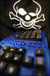 Skull and crossbones above a keyboard