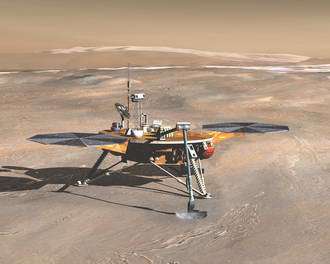 An artist's impression of the Phoenix Mars Lander on the arctic plains of Mars