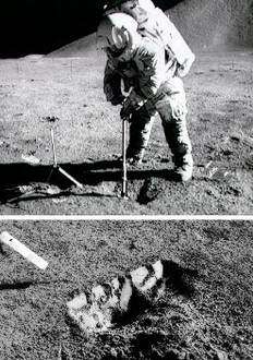 An Apollo 17 astronaut digs a trench to study the mechanical behavior of moondust