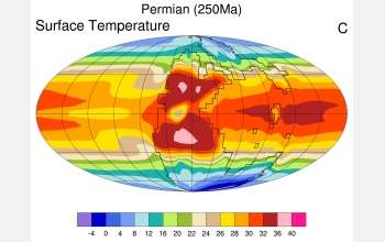 The CCSM image shows temperatures in degrees Celsius at the time of the Permian extinction.Credit: Courtesy Jeffrey Kiehl, NCAR