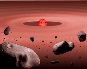 Illustration of a debris disk surrounding a young red dwarf star