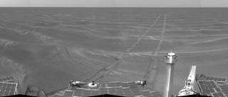 Opportunity used its navigation camera to take the images combined into this view of the rover's surroundings