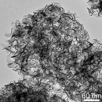 Transmission electron micrograph of molybdenum disulfide produced by ultrasonic spray pyrolysis