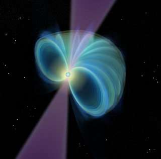 Illustration of a pulsar showing magnetic field lines (cut away) and radio beam.