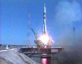 The Soyuz rocket carrying Expedition 14 lifts off from the Baikonur Cosmodrome in Kazakhstan