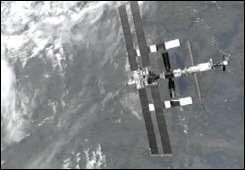 A view of the International Space Station (ISS) from the space shuttle Discovery