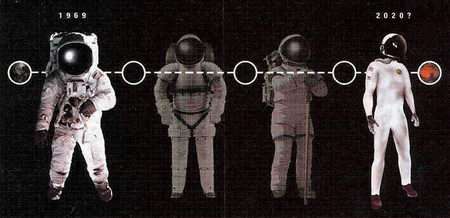 This image represents the evolution of the space suit from bulky to skin-like. Artwork: Cam Brensiger