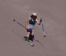 Skier Diane Winger telemarks on sand at the Great Sand Dunes National Park in Colorado