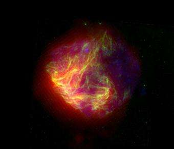 This false-color image shows infrared (red), optical (green), and X-ray (blue) views of the N49 supernova remnant