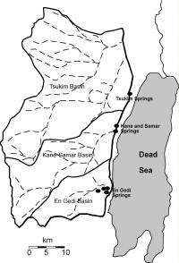 Illustration shows area covered by Judea Group Aquifer, with outlets into Dead Sea springs