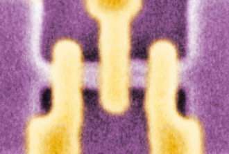 Colorized micrograph of three tunable gates across an electrical channel in a single electron tunneling (SET) transistor
