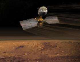 Artist concept of Mars Reconnaissance Orbiter during aerobraking