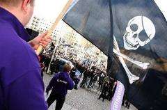 Supporters of The Pirate Bay, an illegal download site, demonstrate in Stockholm in April
