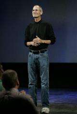 Apple CEO Jobs on stage, discusses transplant (AP)