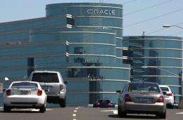 Cars drive towards the Oracle world headquarters in Redwood Shores, California