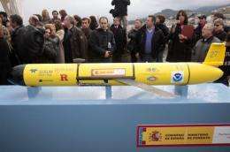 People surround the battery-powered underwater glider "Scarlet Knight" after its arrival at the port of Baiona