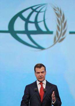 Russian President Dmitry Medvedev speaks during the World Grain Forum