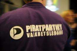 Sweden's Pirate Party supporter wears a T-shirt with the party's logo
