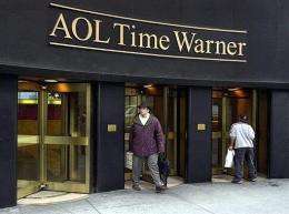 This 2001 photo shows the AOL Time Warner corporate logo on the former Time Warner Building in New York