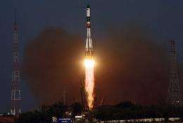 A Russian Progress-M-12M cargo ship carrying supplies for the International Space Station blasts off