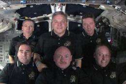 This image released by NASA shows the STS-134 crew aboard space shuttle Endeavour