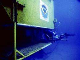 This undated file image obtained in 2003 shows a diver entering the Aquarius underwater habitat