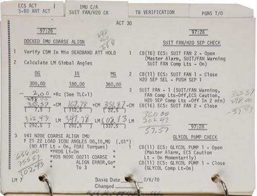 This image released by Heritage Auctions shows a partial view of the Lunar Module Systems Activation Checklist