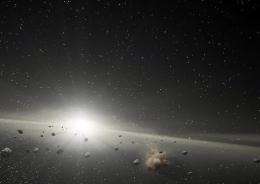 This NASA image shows an artist's impression of an asteroid belt in orbit around a star