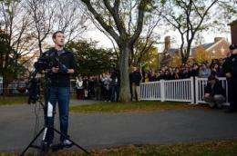 Mark Zuckerberg speaks to reporters at Harvard University in Cambridge