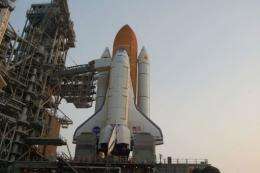 The space shuttle Atlantis is seen on the launch pad at Kennedy Space Center