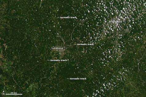 NASA satellite sees tornado tracks in Tuscaloosa, Alabama