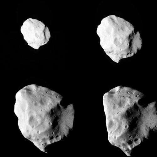 A combo shows a sequence of images of the Lutetia asteroid at various distances