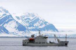 A cruise ship is seen in the Norwegian island of Spitsbergen