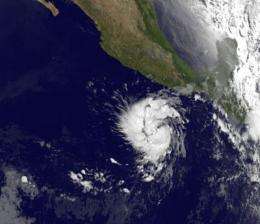A double-satellite NASA-style view of the first tropical storm in eastern Pacific: Adrian