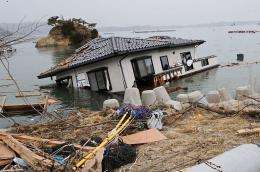 A house lies in the sea off a village near the Onagawa nuclear power plant in Japan