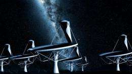 An artist impression's of the dishes of the future SKA radio telescope by night