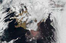 An Eumetsat image shows the ash cloud (reddish colour) billowing from Grimsvoetn, Iceland's most active volcano