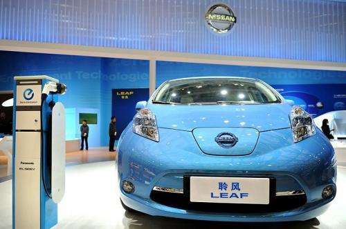 A Nissan Leaf electric car is displayed at the Shanghai Auto Show