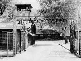 A photo of the gate at Auschwitz concentration camp taken in April 1945