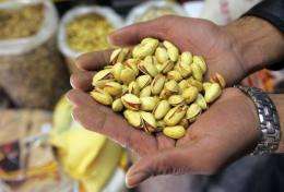A pistachio wholesaler shows his goods at his shop in Tehran in 2006