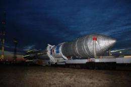 A Proton-M rocket is transported to the launch pad in the Kazakhstan's Baikonur cosmodrome