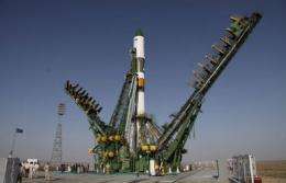 A Russian Soyuz rocket stands on the launch pad at the Baikonour cosmodrome