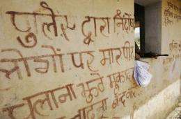 A slogan in Hindi on a wall in Tundi, in India's Jharkand state, says: "Stop police harassment"