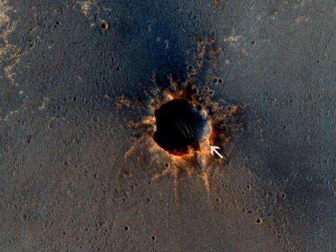 Color View from Orbit Shows Mars Rover Beside Crater