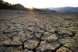 Cracked mud is pictured at sunrise in the dried shores of Lake Gruyere affected by continous drought in Europe
