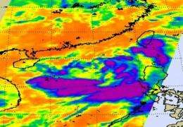 Infrared NASA imagery reveals a weaker tropical cyclone in the South China Sea