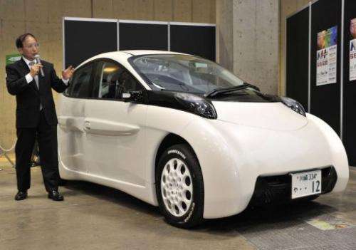 Japan's auto venture SIM-DRIVE's prototype model of the electric vehicle SIM-LEI is unveiled