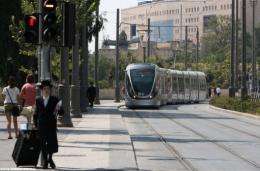 Jerusalem's light rail system on its first day of operation today